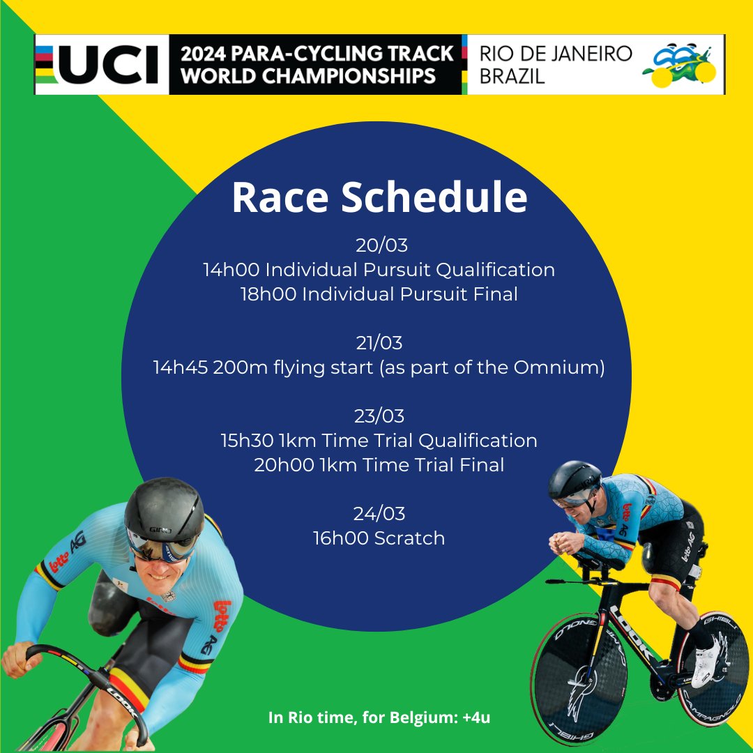 Here is my race schedule for the #paracycling World Championships Track in Rio de Janeiro, 20-24 of March.

<a href="/GsportVl/">G-sport Vlaanderen</a> <a href="/SportVlaanderen/">Sport Vlaanderen</a> <a href="/BEParalympics/">Paralympic Team Belgium</a> <a href="/UnilinGroup/">Unilin</a> <a href="/SandsBeach/">Sands Beach Resort</a> <a href="/vayamundo_be/">Vayamundo</a> <a href="/Doltcini/">Doltcini</a>