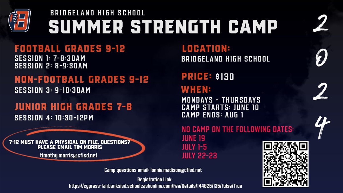 Summer Strength &amp; Conditioning camp flyer below!  Starts up June 10th and use the link or QR code to sign up!  Go Bears!