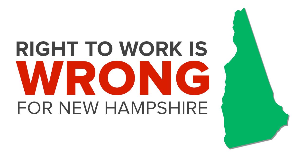 Tomorrow (3/19), at 9:15 AM, the @TheNHSenate will hear SB 516-FN, another “Right-to-Work” bill. We need your voice to show our Senators that “Right-to-Work” is STILL WRONG for NH. Register your opposition by using this link: gencourt.state.nh.us/remotecommitte… #NHPolitics #Solidarity