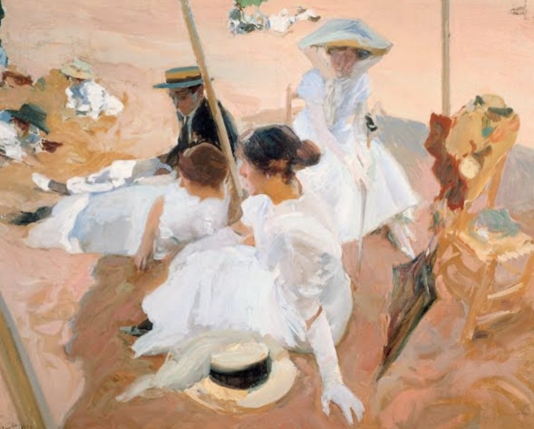 'Bajo el toldo, Playa de Zarauz' es un óleo sobre lienzo creado por Joaquín Sorolla en el año 1910.