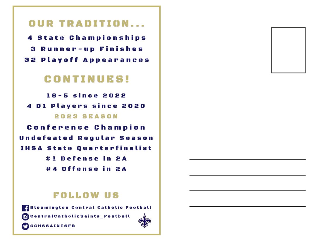 Post cards are out to all registered incoming freshman boys. Can’t wait to meet the future class of 2028 Saint football players! The tradition continues. #GoSaints