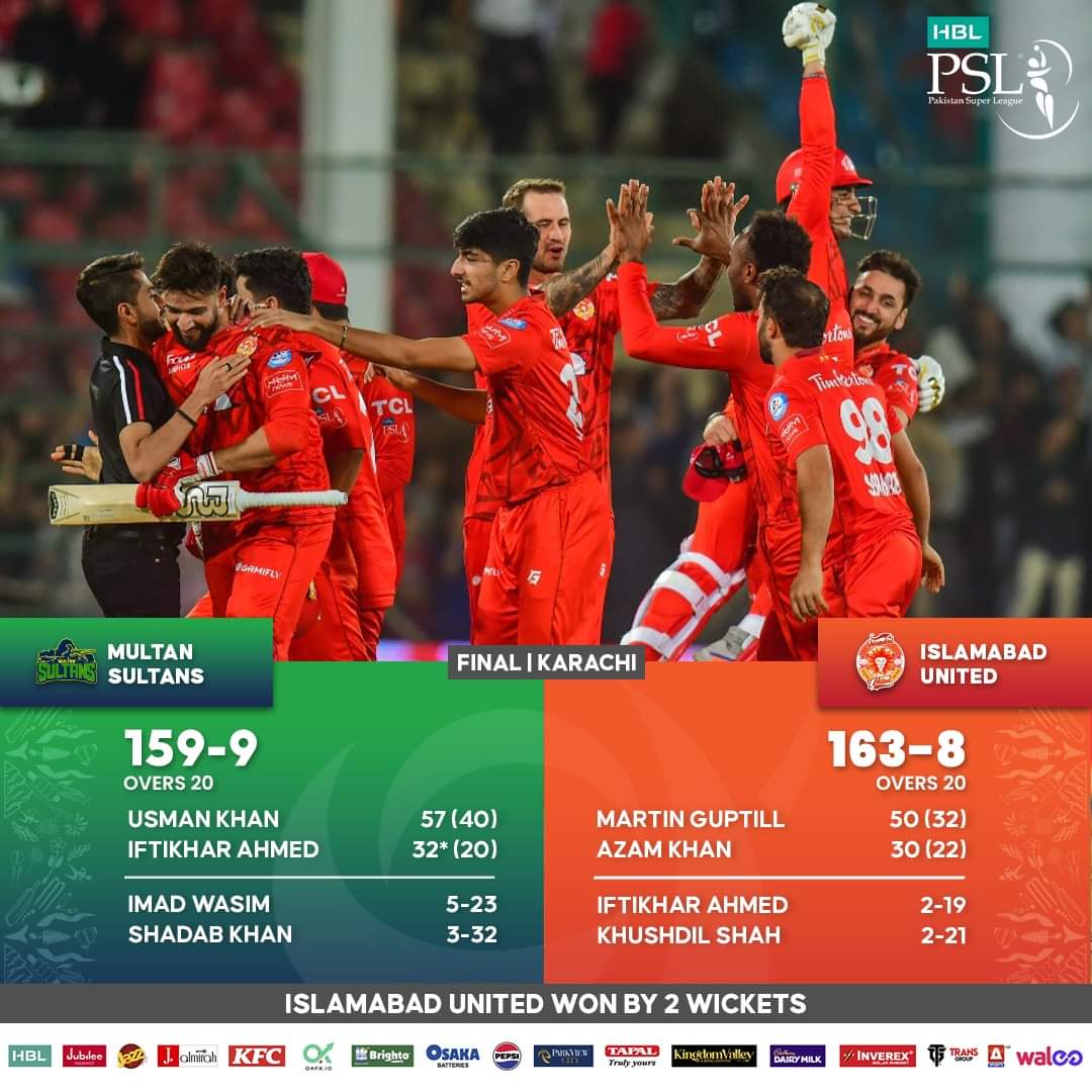 HBL PSL 2024 🏏🇵🇰🏆 Match 34: IU VS MS THE BIG FINAL RESULT: IU win by 2 wickets🥳 POTM: Imad Wasim🥇 ISLAMABAD UNITED WON THE PSL 2024 ON LAST BALL.🔥🏆🏏 What a cracking final.🔥❤ Heartbreak for Multan Sultans in three consecutive PSL finals.💔 #IUvMS #HBLPSLFinal #PSL9