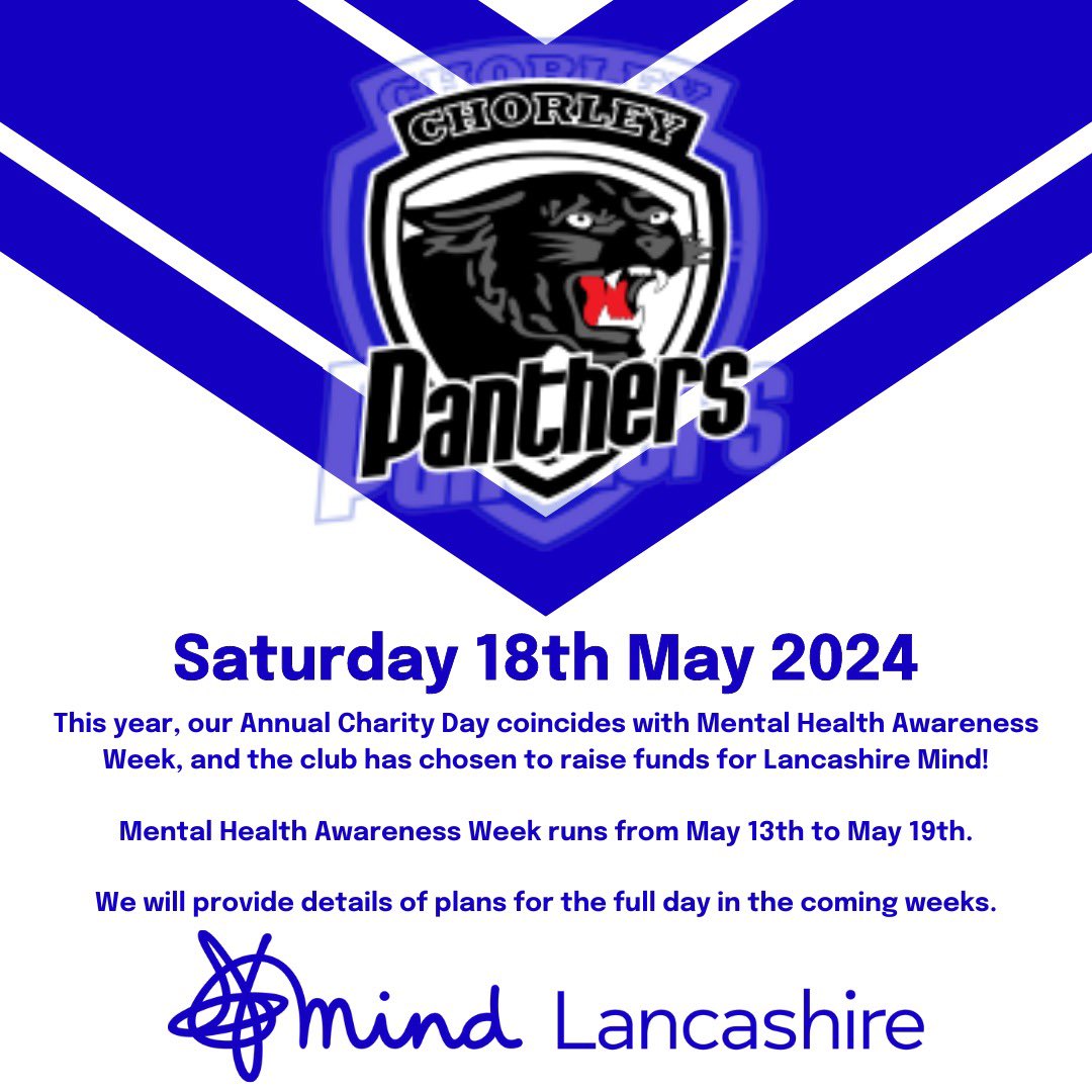 Our Annual Charity Day is on 18th May 2024, in aid of Lancashire Mind! Save the date! We hope to see as many Panthers there as possible! @LancsMind