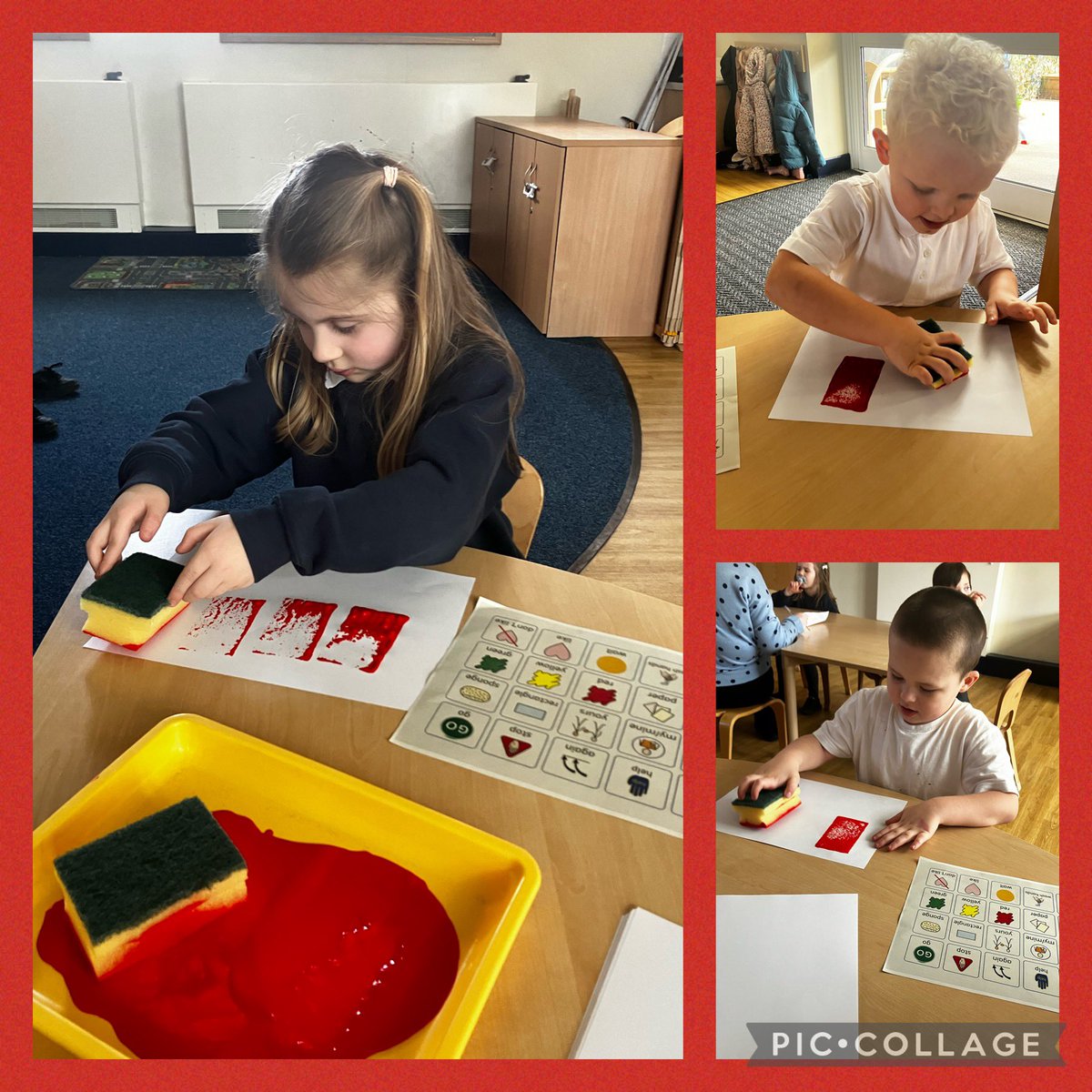 Today we have been learning about rectangles in maths. 
The children did a great job using the communication board to request for the items they needed to make rectangle prints. 
<a href="/BarntonMissR/">Miss Rutter</a> <a href="/BarntonMrsJA/">Mrs Allan</a>
