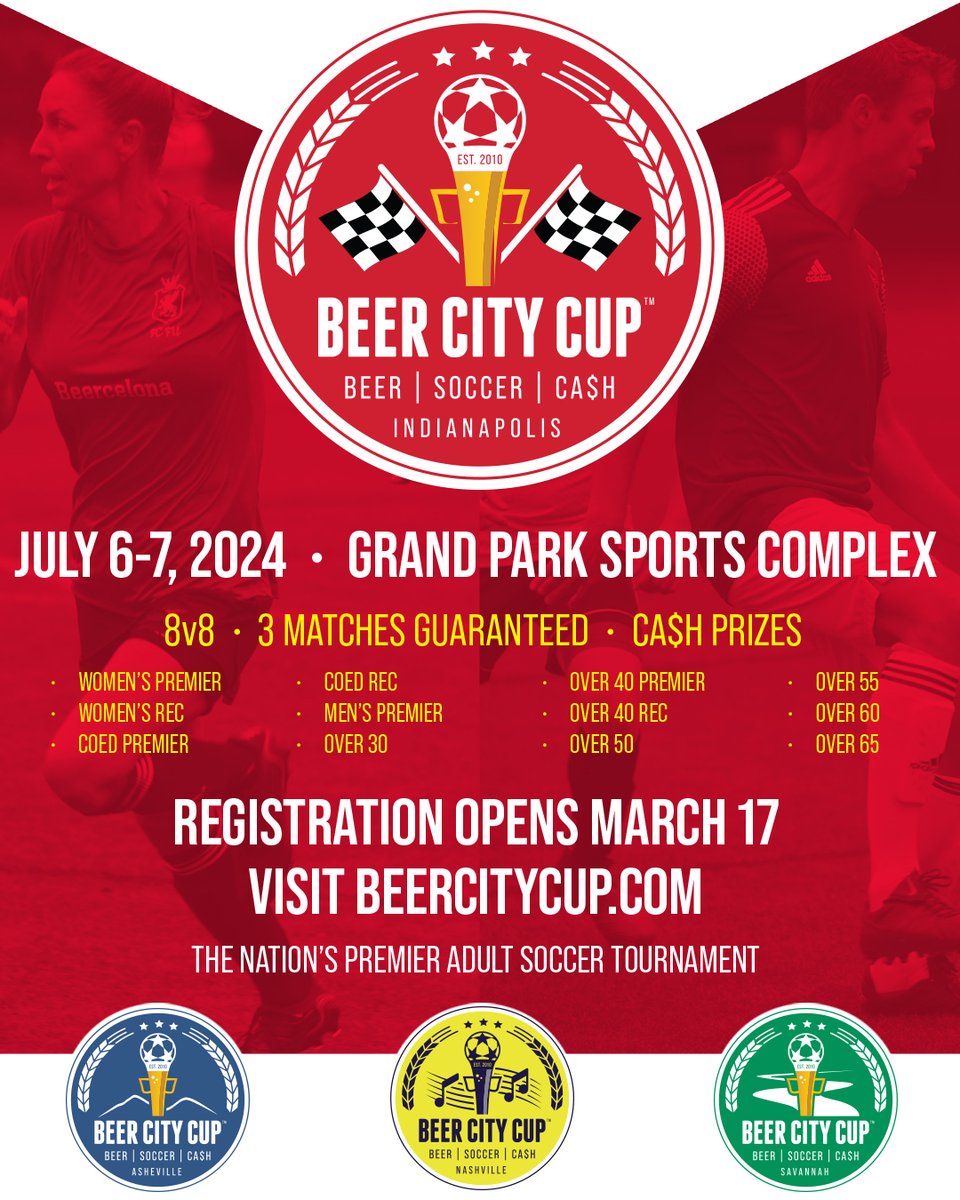 Beer City Cup is going to be in Indianapolis July 6-7. Team registration is now OPEN! Visit BEERCITYCUP.COM to register your team for this Spectacular 8v8 Tournament. (USASA sanctioned event)