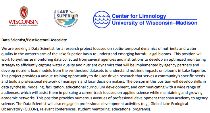 Kait Reinl (@kaitreinl) on Twitter photo 📣2 year research position (Postdoc or an awesome Post Master's with the right skills) with me & <a href="/hildug/">Hilary Dugan</a> working on data synthesis to inform mointoring and understand the role of nutrients in algal blooms in Lake Superior 🌊🦠💻
Email kreinl@wisc.edu, link with more info below👇 📣2 year research position (Postdoc or an awesome Post Master's with the right skills) with me & <a href="/hildug/">Hilary Dugan</a> working on data synthesis to inform mointoring and understand the role of nutrients in algal blooms in Lake Superior 🌊🦠💻
Email kreinl@wisc.edu, link with more info below👇