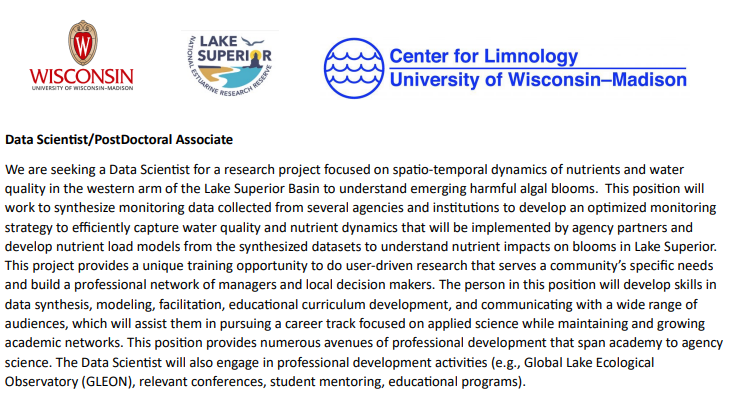 📣2 year research position (Postdoc or an awesome Post Master's with the right skills) with me & @hildug working on data synthesis to inform mointoring and understand the role of nutrients in algal blooms in Lake Superior 🌊🦠💻 Email kreinl@wisc.edu, link with more info below👇