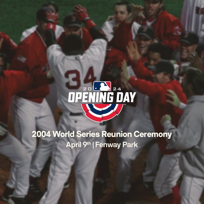 A photo from the 2004 Postseason shows the team celebrating the Game 4 ALCS walk-off win with David Ortiz jumping in to all his teammates. Overlaid is a 2024 Opening Day logo that reads “2004 World Series Reunion Ceremony- April 9th, Fenway Park”