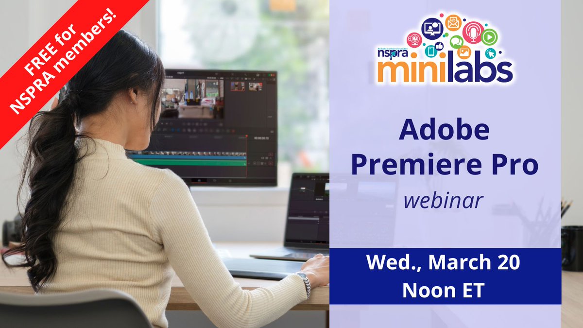 📽️ Learn the ins and outs of video editing using Adobe Premiere Pro in this week's Mini Lab webinar on Wednesday, March 20, at 12 p.m. ET. 📝 Registration is FREE for NSRPA members! bit.ly/3PON5Rt #schoolPR