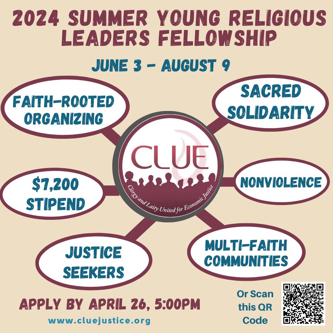 2024 Summer Young Religious Leaders Summer Organizing Fellowship!!
For over fifteen years, CLUE has introduced young activists to the world of faith-rooted community organizing and to the labor movement through its annual paid summer internship. 
docs.google.com/forms/d/e/1FAI…