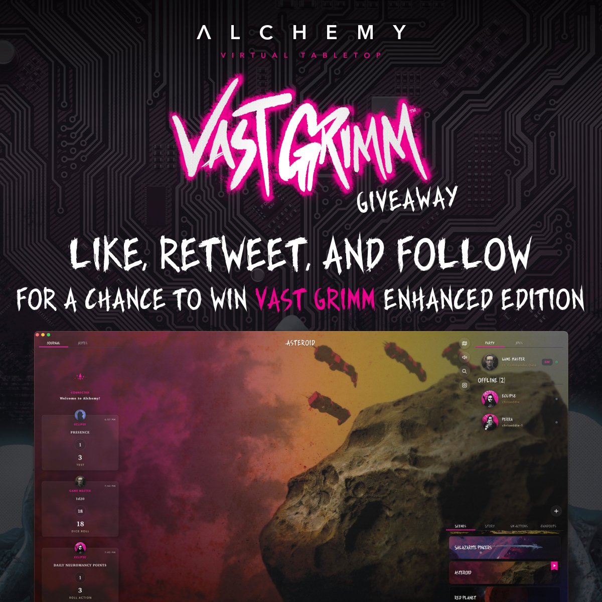 To celebrate the launch of Vast Grimm on the Alchemy Marketplace, we're giving away 3 Alchemy Enhanced copies to some lucky followers!🌌🚀💀

To Enter:
Like ♥️
Retweet🔁
Follow🤝

Giveaway closes on Friday at 6pm PT. Winners announced on Monday!

Think you can survive The Grimm?