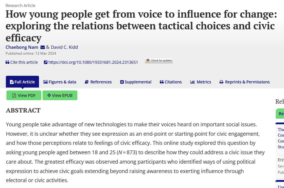 JITP_APSA's tweet photo. 📚NEW PUB📚

This study explores how young people utilize new technologies 📱to vocalize 🗣their opinions on social issues &amp; if this translates to civic engagement.

➡️Drs. @chaebongnam &amp; Kidd

https://t.co/o8lY4ZLyH4 https://t.co/ec0OU6A3EG