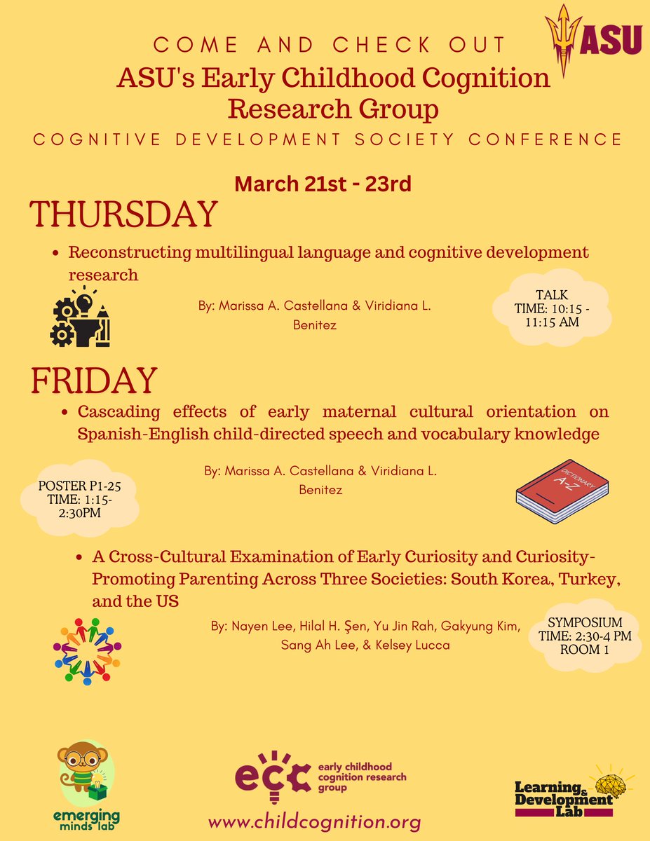 ASULearnDev's tweet photo. Come see ASU's Early Childhood Cognition Research Group at #CDS2024. Together with the @EmergingMindsAZ , we'll be presenting our work on multilingualism, curiosity, culture, child-directed talk, and shared reading! https://t.co/vMiyJhaR9j