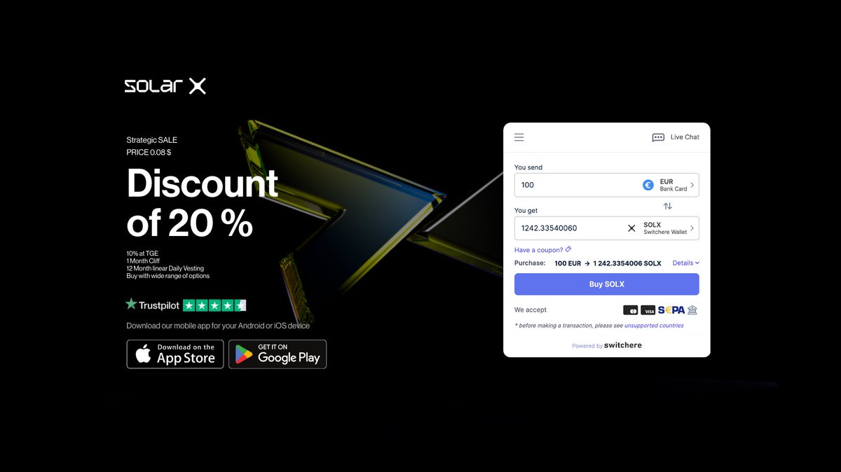 solarxchain's tweet image. Pre-Sale Now Open!! ,      solarx.ai/presale        

 Strategic Round Available at a discount of 20% on SOLX listing price on CEX.