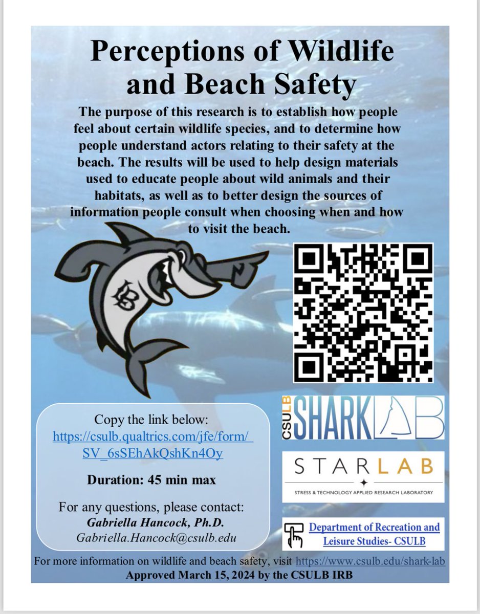 Join us in our research, by taking a survey on your perception of wildlife and beach safety. This data will be used in Shark Lab research to better understand the public’s perception of sharks and wildlife. #survey #csulbsharklab #psychology #sharks csulb.qualtrics.com/jfe/form/SV_6s…