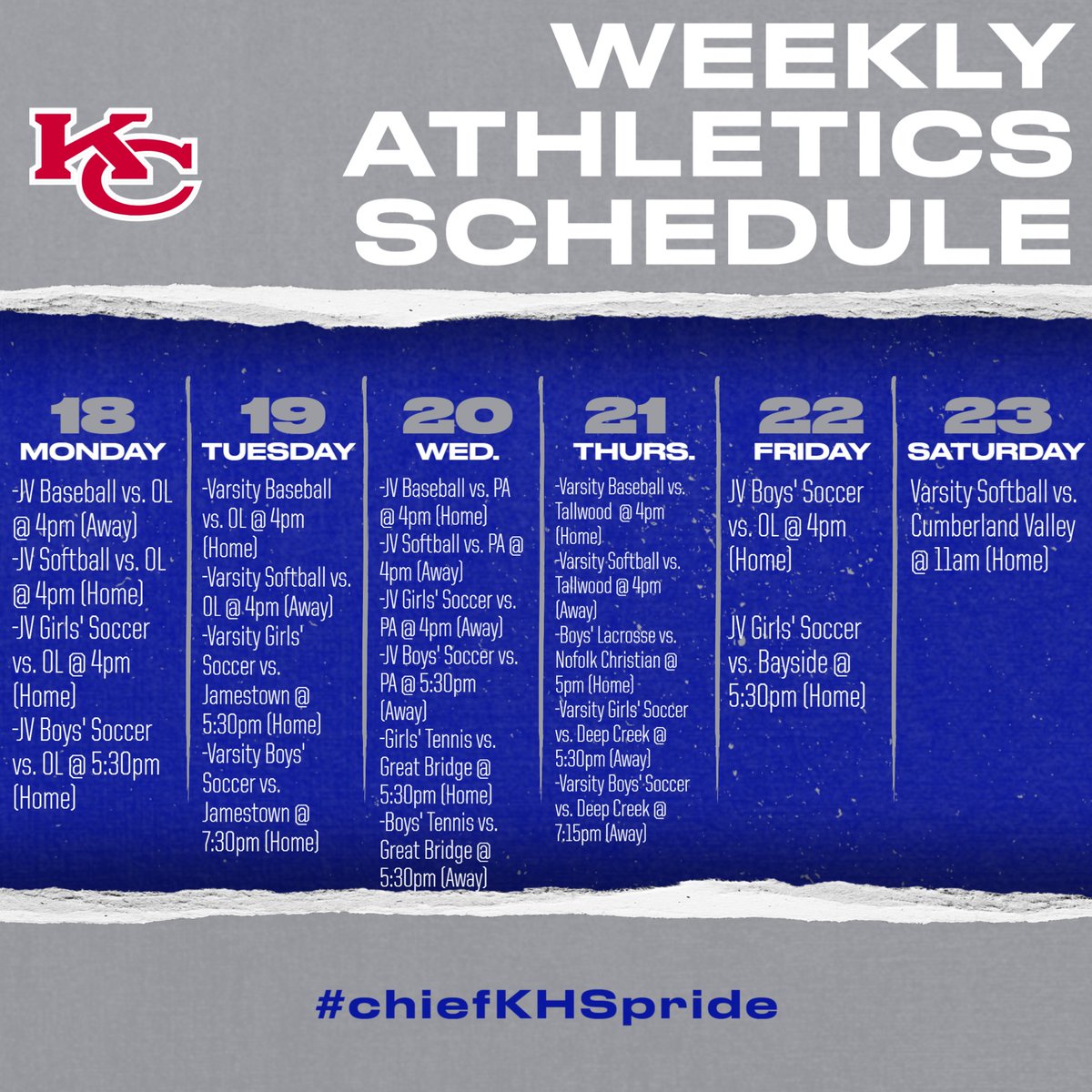 Here is the athletics schedule for this week, Chiefs! #chiefKHSpride