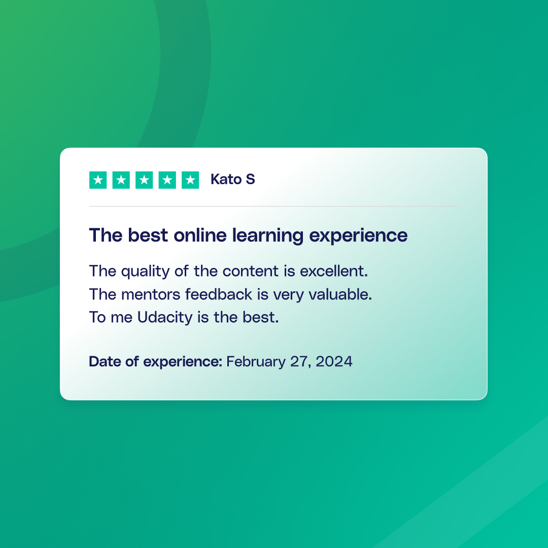 ⭐ From career changers to lifelong tech professionals, our @Trustpilot reviews tell the story of Udacity's impact. 👉 Scroll through to see why so many learners choose Udacity – and explore all 2,600+ reviews on Trustpilot here: trustpilot.com/review/udacity… #customerreviews #tech