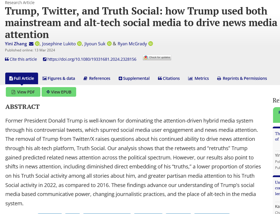🌟NEW PUB 🌟 examines how #Trump changed journalistic practices by utilizing traditional & alternative media platforms, like #Twitter & Truth Social, to drive new media attention. ➡️ Drs. @yinizhang2011, @JosephineLukito, @jiyoun_suk, & @Antisomniac tandfonline.com/doi/full/10.10…