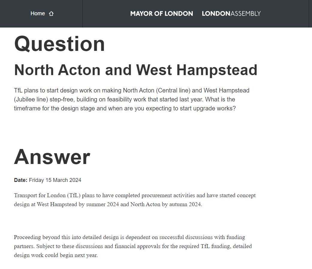 🚆Another small update on the timeline on getting a lift at #WestHampstead Tube station - 'concept design' by this summer, with 'detailed design' planned for next year, subject to funding. 🙏Thanks to Lib Dem @CarolinePidgeon for all her work on this! london.gov.uk/who-we-are/wha…