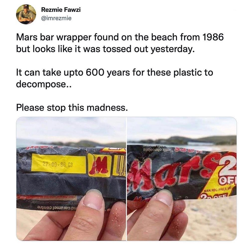 Scary to think this wrapper can stick around longer than the person who littered it 🤯 How ridiculous is it that plastic production hasn’t changed in almost 40 years?! . . . Read more : ecofriendlyfact.com #plasticpollution #uselessplastic #climatechange #reducewaste