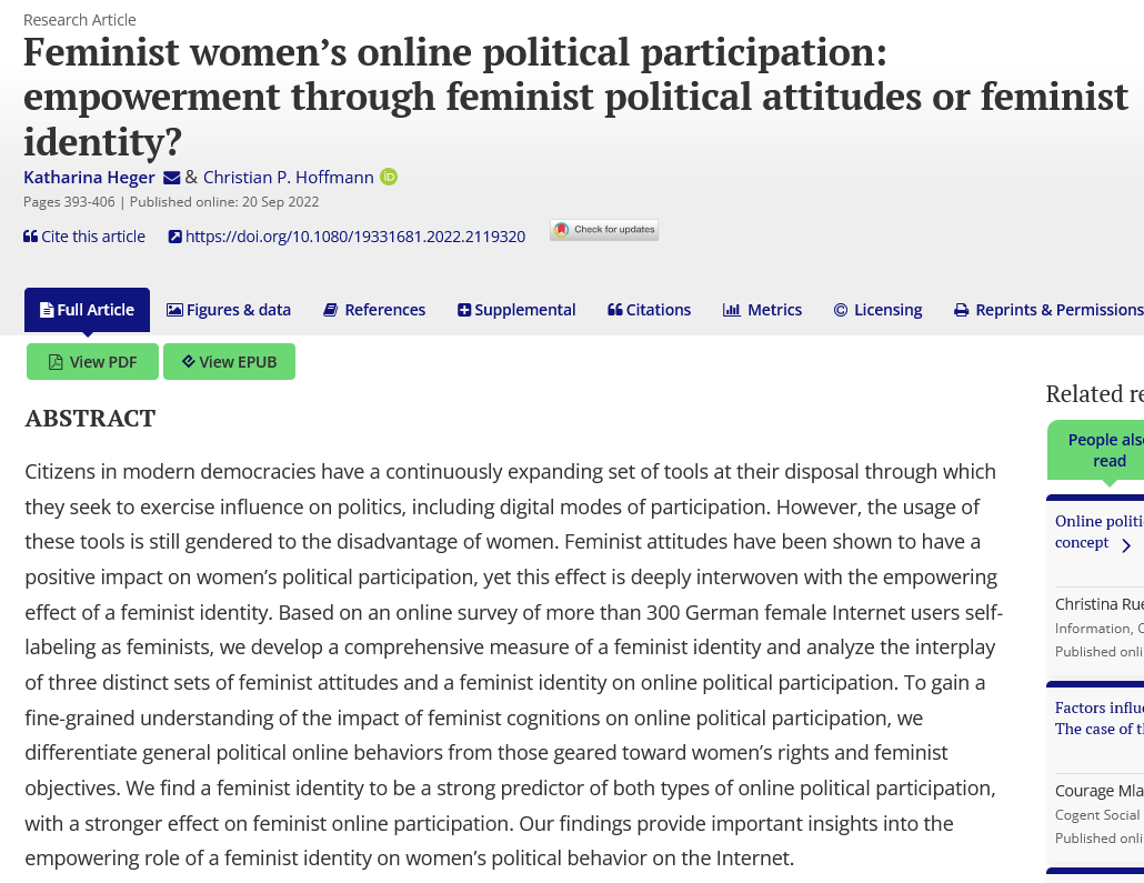This study examines the impact of #feminist  cognitions on online political participation & discovers that feminist attitudes 👩are shown to have a positive impact on women’s political participation.♀️

➡️Drs @k_heger & @cphoffmann 

#WomensHistoryMonth 

tandfonline.com/doi/full/10.10…