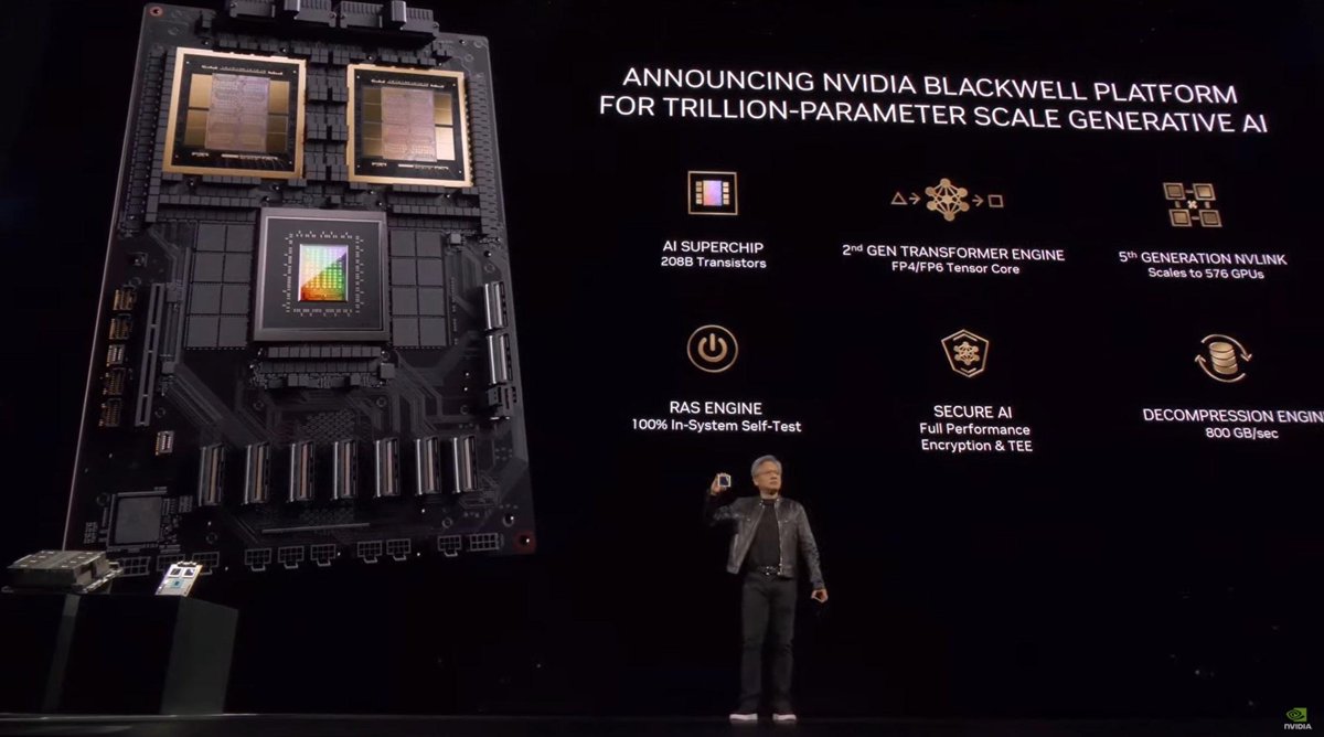 Nvidia has just announced Blackwell, its next-generation GPUs for AI. The Nvidia GB200 Grace Blackwell Superchip offers up to 30 times performance increase for LLM inference workloads and can scale to AI models with up to 10 trillion parameters theverge.com/2024/3/18/2410…