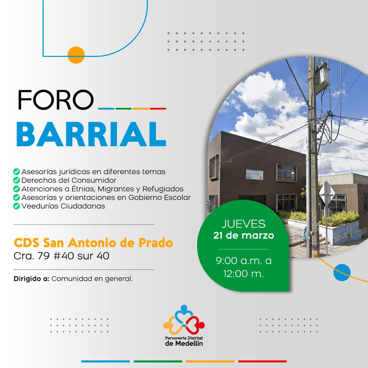 personeriamed's tweet photo. Este jueves 21 de marzo llegaremos con nuestra oferta institucional al corregimiento de San Antonio de Prado para ofrecer nuestros servicios a la comunidad.
¡Te esperamos!
#PersoneríaDistritalMedellín🏡🏠 https://t.co/xAfS57b9Ef