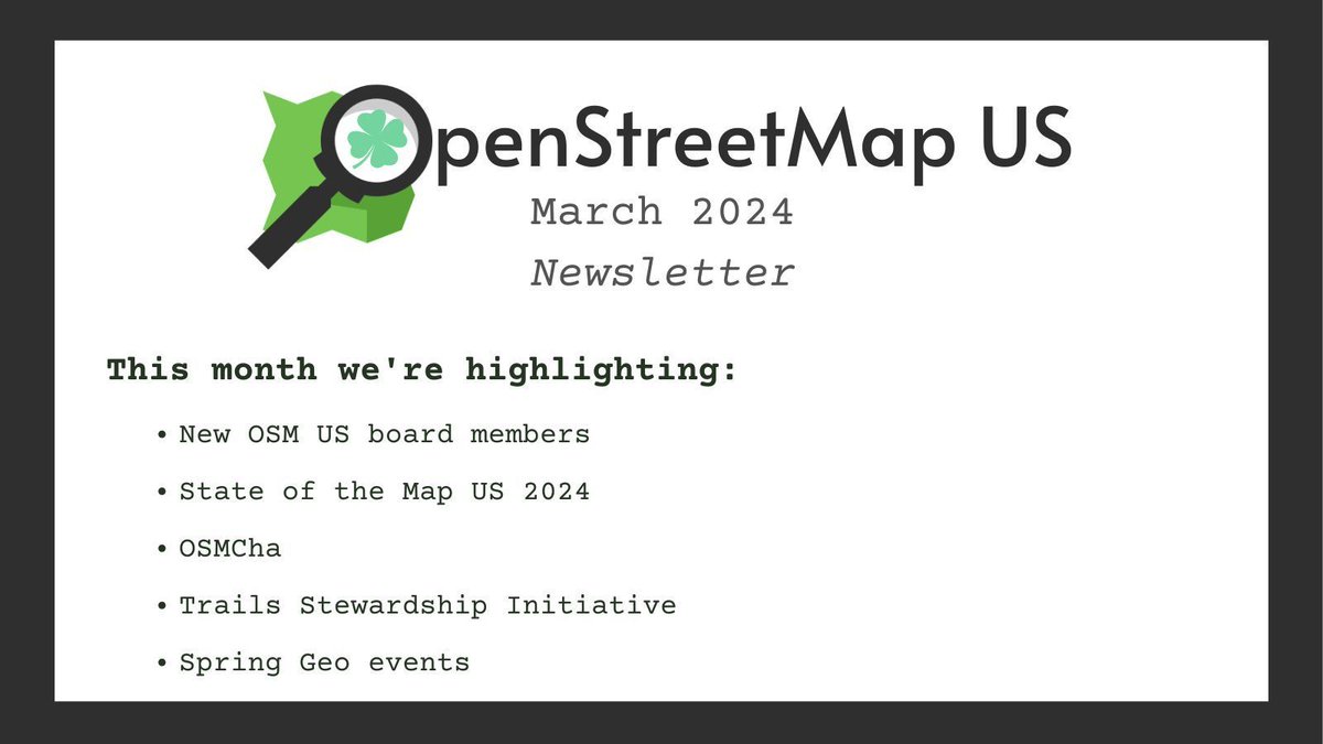 OpenStreetMapUS's tweet image. 🍀Catch up on the latest from OSM US in our March newsletter 🍀 

🤓 buff.ly/3PoV7zZ 

#OpenStreetMapUS #OpenStreetMap #opendata #geo #maps