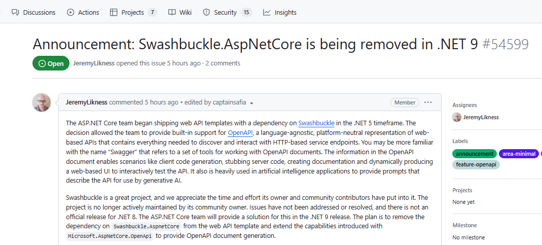 Dave_DotNet's tweet image. Swashbuckle.AspNetCore is being removed in .NET 9
#dotnet