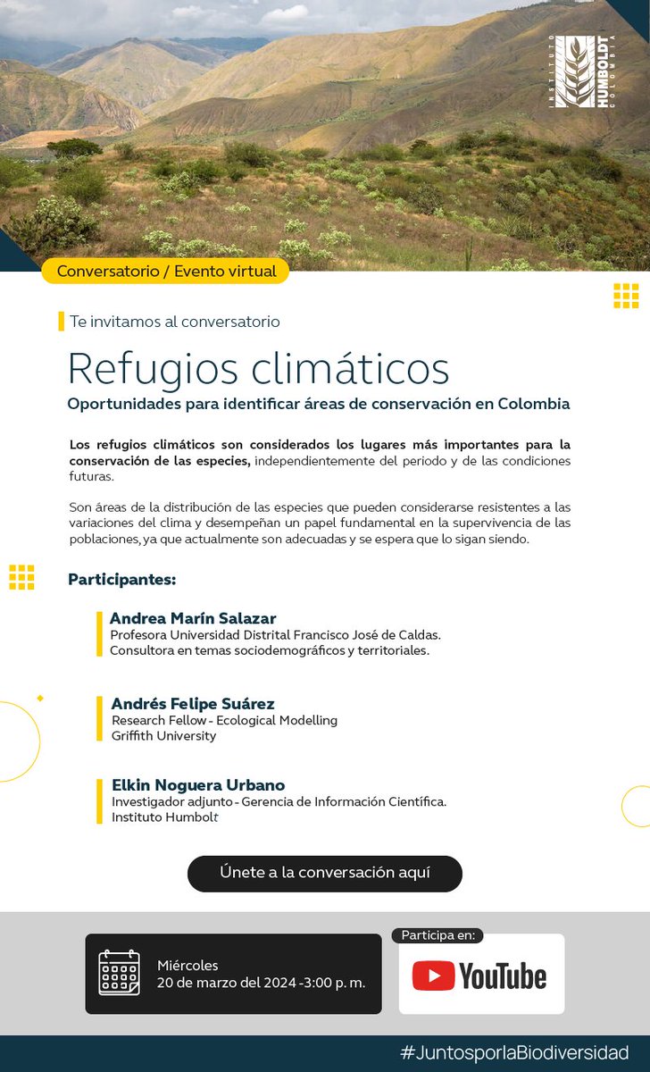 #JuntosPorLaBiodiversidad 🗣️Aprendamos juntos sobre el papel que ocupan los refugios climáticos en el cuidado de la biodiversidad y cómo identificar áreas de conservación en Colombia.🍃🌿

🗓️20 de marzo 
⏰3 p. m.  
📍YouTube Live👉bit.ly/RefugiosClimat…