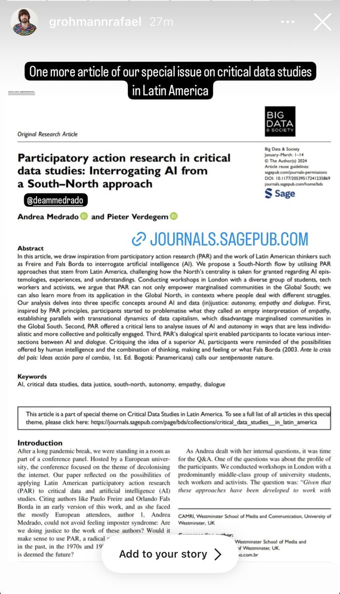 📣 Starting the week with a bad cold but good news, shared with the usual help of algorithmic red 💄😂. Our article on Latin PAR in critical data/AI studies - co-authored with @pverdegem - has just been published by @BigDataSoc. Thanks to @grohmann_rafael for the editing 1/4