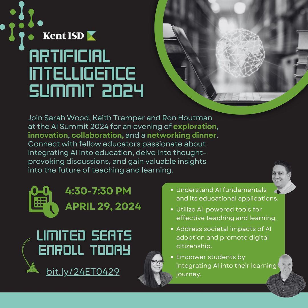 🔍 Dive into AI in education at the
<a href="/kentisd/">Kent ISD</a>
AI Summit! Explore: AI's role &amp; benefits for students, impact on equity &amp; access, practical classroom applications, ethical considerations. Seats fill fast. Register now! bit.ly/24ET0429 📷#AISummit #AIinEducation #ExploreAI