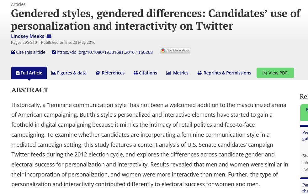 Dr. @L_Meeks explores whether candidates incorporate a feminine communication style in a mediated campaign setting by analyzing 🇺🇸 U.S. Senate candidates’ campaign #Twitter feeds during the 2012 election cycle. #WomensHistoryMonth tandfonline.com/doi/full/10.10…