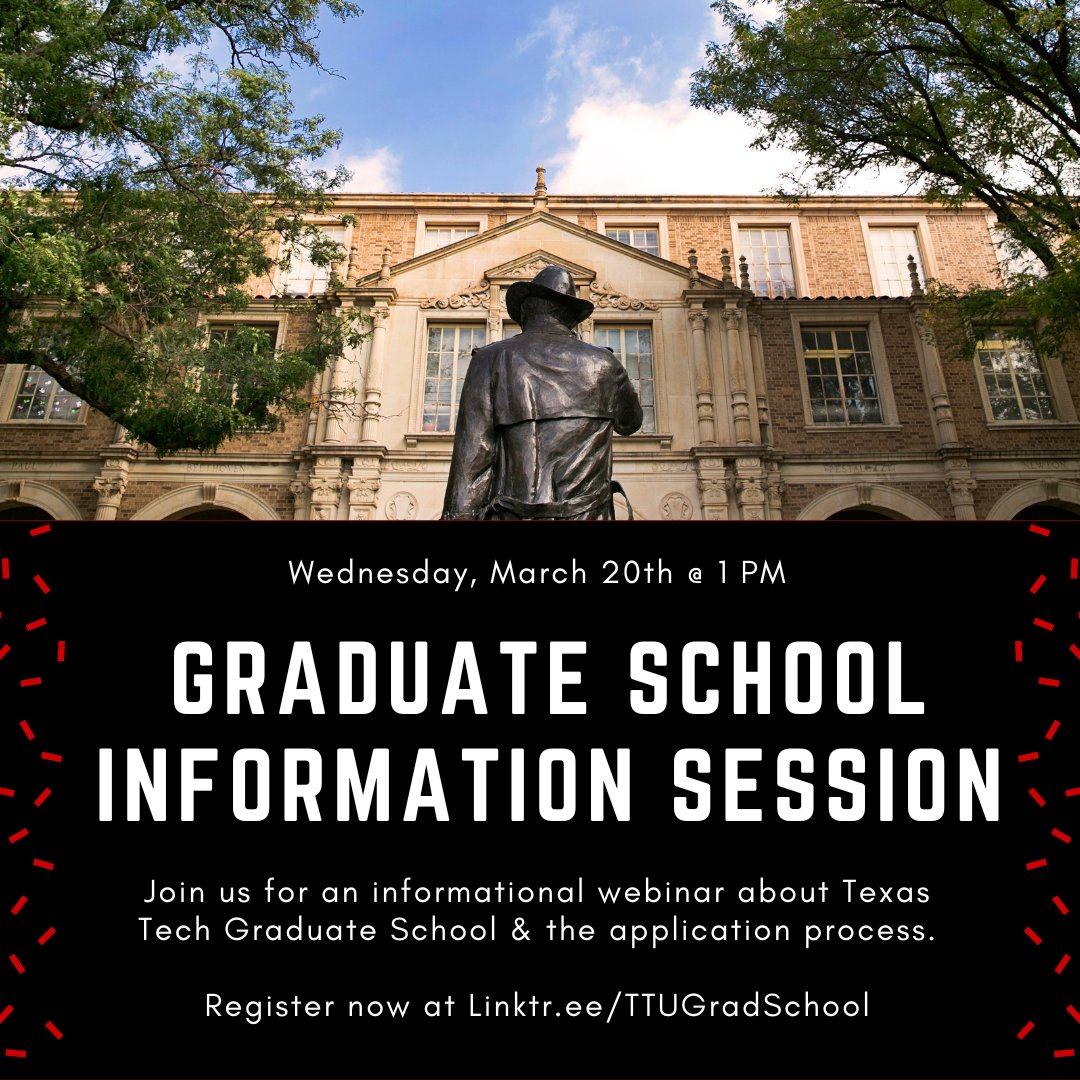 Thinking about graduate school? 👩‍🎓🧑‍🎓👨‍🎓 Join us this Wednesday, March 20th at 1 PM for a Graduate School Information Webinar! Register now at Linktr.ee/TTUGradSchool #graduateschool #webinar #gradschool #fromhereitspossible #texastech #StriveForHonor