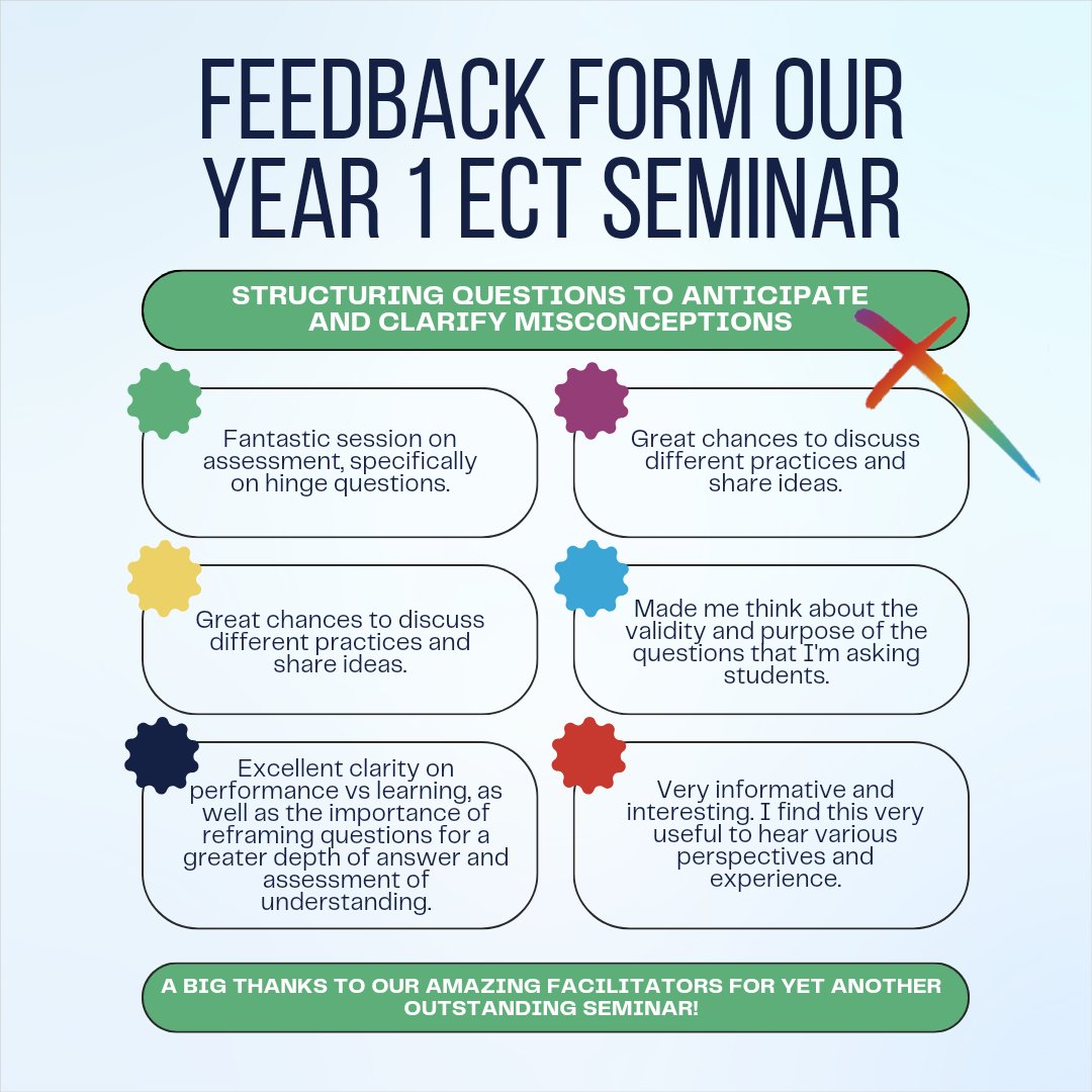 Here are our just some of the wonderful comments we've received from our Year 1 ECTs who attended their recent seminar on structuring questions to anticipate and clarify misconceptions. A huge thank you goes out to or facilitators for another fantastic session 💙#positivefeedback