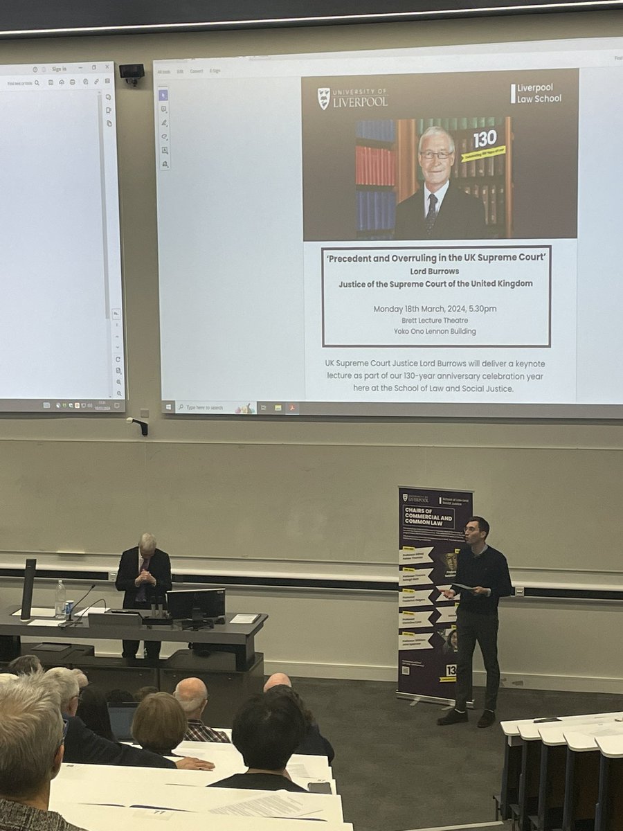 Fantastic lecture from @UKSupremeCourt Lord Burrows on precedent and overruling in the UKSC. Celebrating @LivUniSLSJ 130 year anniversary. Thanks to Prof. Horsley for chairing and students, local practitioners and staff for interesting questions and helping to celebrate!