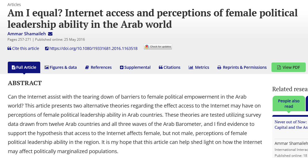 Dr. @AmmarShamaileh examines whether the #internet 💻can help break down barriers to #female political empowerment in the #Arab world. #WomensHistoryMonth #WomenEmpowerment tandfonline.com/doi/full/10.10…