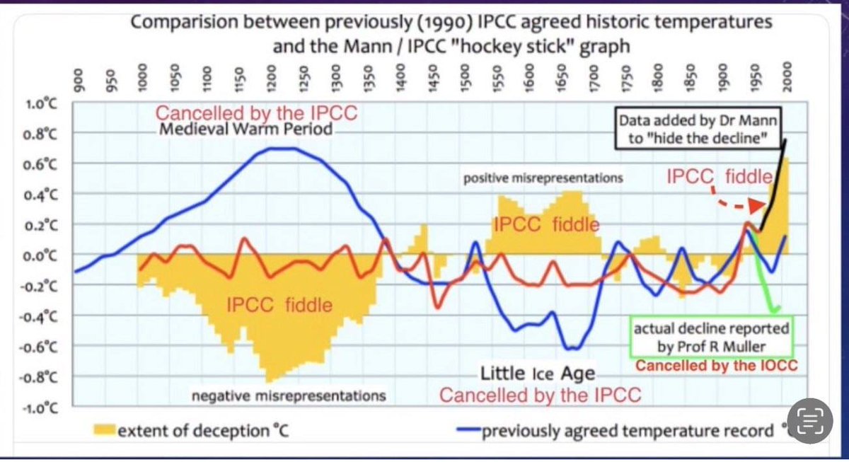 In the 1990 IPCC Report they clearly showed the medieval warm period and the little ice. The blue curve. Note where it ends. In later reports they eliminated these two factual climatic events and adopted the Mann Hockey Stick #FRAUD