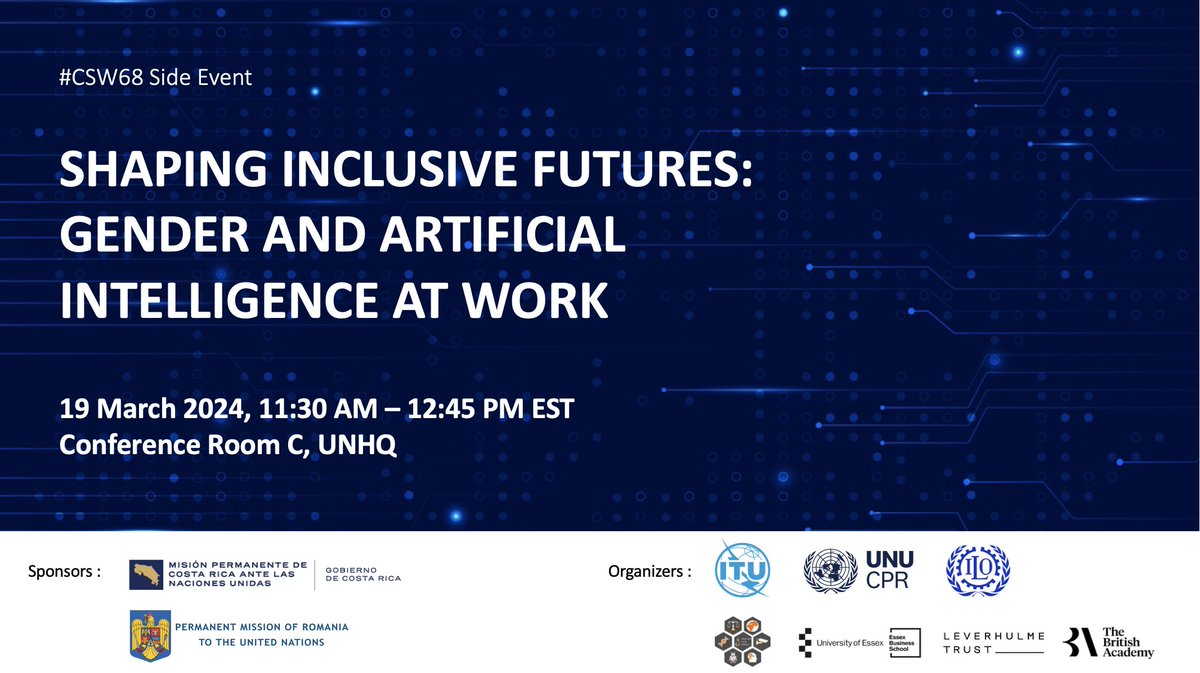 Ready for #CSW68 Week 2? 

Join us at ⏰ 11:30 AM in Conference Room C, UNHQ for a side event discussing the impact of #AI on gender equality in the workplace and strategies for inclusive AI development. Don't miss out!
