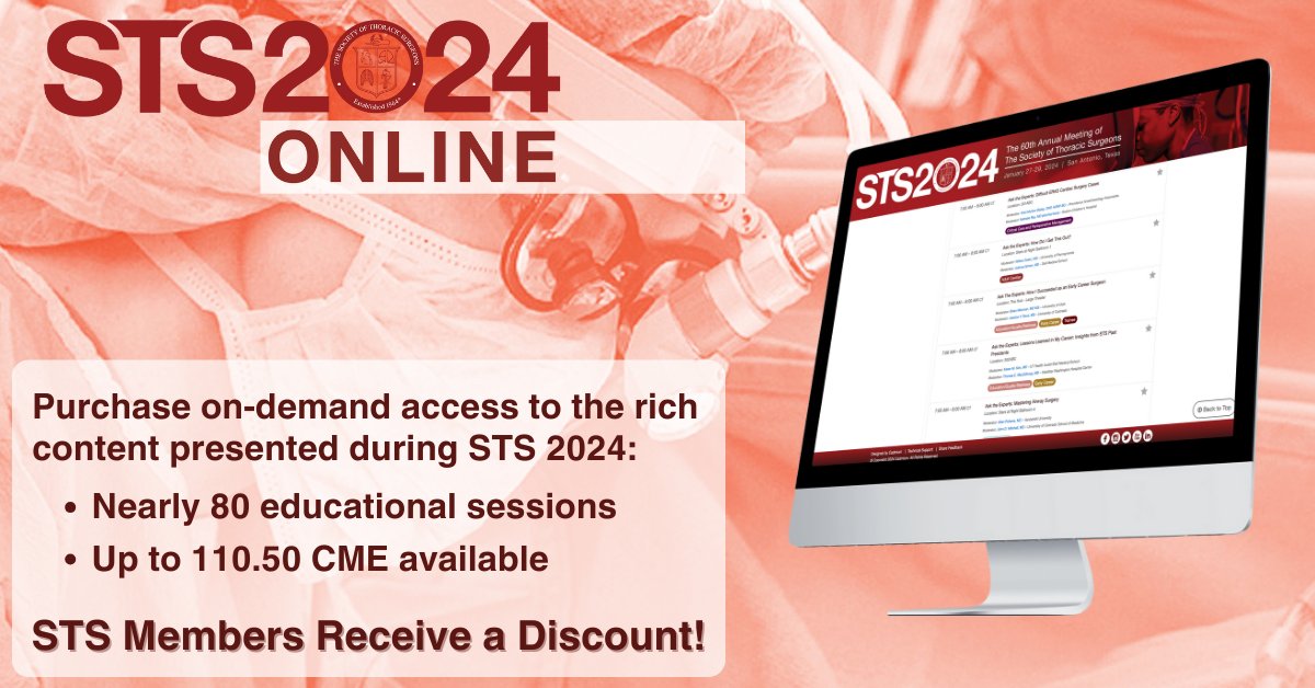 Nearly 80 compelling sessions presented at #STS2024 offer the latest on robotic surgery, ethics and AI, adult congenital heart disease, the STS National Database, surgeon wellness, SAVR vs TAVR, and more. Buy the online course to learn at your convenience. bit.ly/3IPOEJm