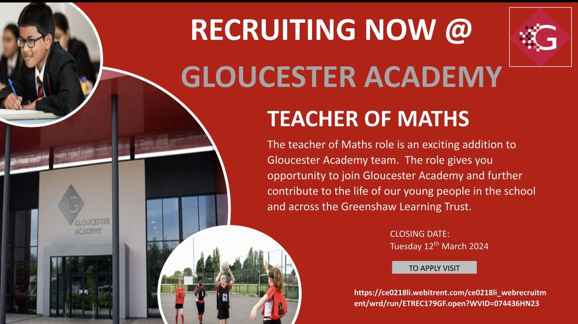 Ready to join an exceptional Maths Team? Look no further and join us in our climb as our new Teacher of Maths! Please see below to apply or DM us for more information! gloucesteracademy.co.uk/vacancies/curr… @gltrecruitment @GreenshawTrust