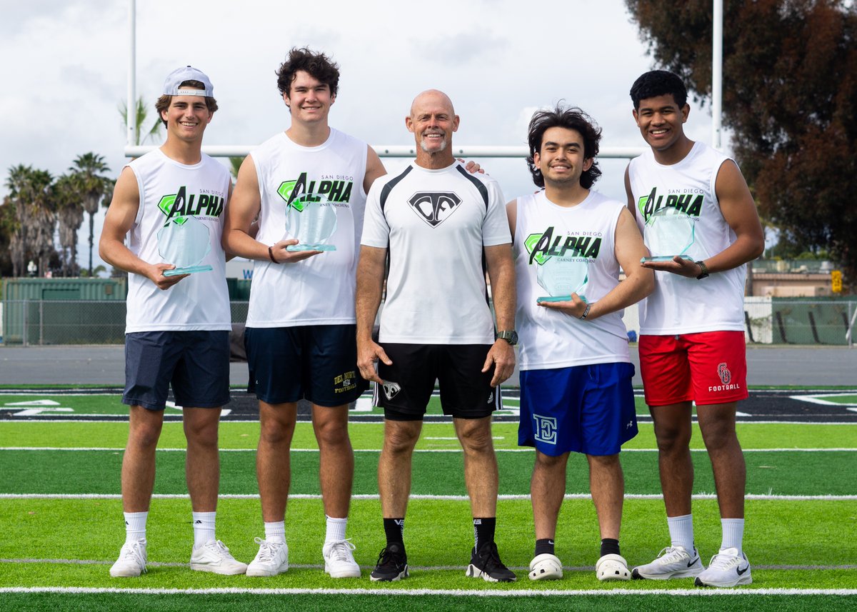 CarneyCoaching's tweet photo. Meet The Alpha champions, 2024 edition.

Kicking - Connor Miller (Del Norte '24)
Punting - Marco Gonzales (Eastlake '24)

Kicking - Alejandro Colina (Great Oaks '25)
Punting - Jackson Maggiore (La Costa Canyon '26)

Thank you @WizardKicking for the champion's gift bags. https://t.co/DkkHYyg6RU