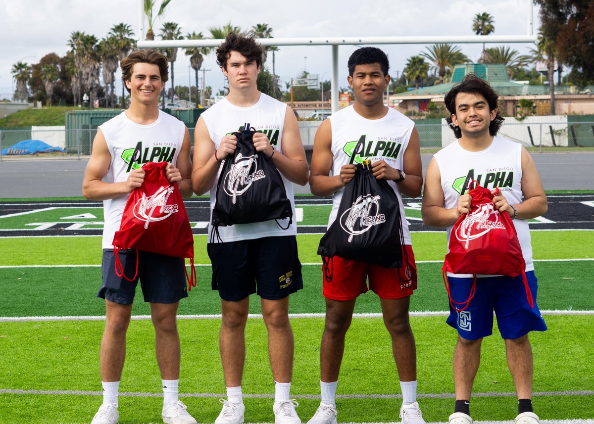Meet The Alpha champions, 2024 edition.

Kicking - Connor Miller (Del Norte '24)
Punting - Marco Gonzales (Eastlake '24)

Kicking - Alejandro Colina (Great Oaks '25)
Punting - Jackson Maggiore (La Costa Canyon '26)

Thank you <a href="/WizardKicking/">Wizard Sports</a> for the champion's gift bags.