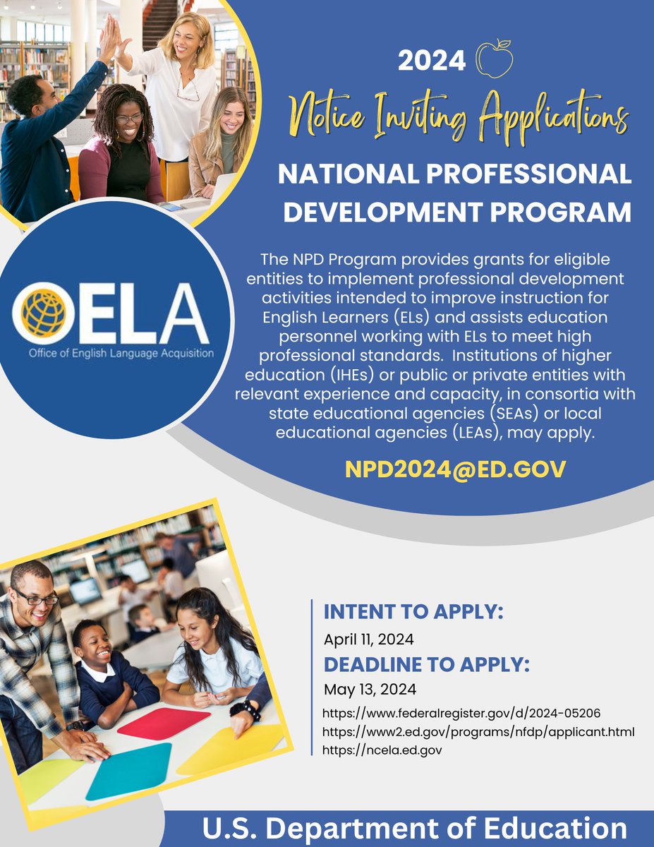 🆕 #FundingOpportunity: OELA recently issued a Notice Inviting Applications (NIA) for the National Professional Development (NPD) program to increase the number of #bilingual and #multilingual teachers supporting #Englishlearners. 

Read more ➡️ blog.ed.gov/2024/03/raisin…