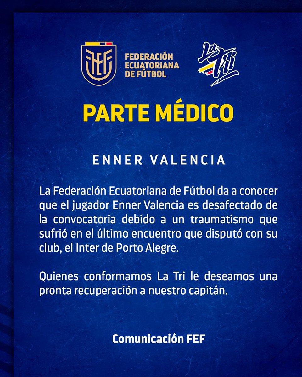 A través de sus redes sociales 🌐, la selección de Ecuador 🇪🇨 hizo oficial la desafección de Enner Valencia ⚽ para los amistosos programados para marzo 🤯. El delantero sufrió un traumatismo en su último partido con el Inter 🇧🇷.