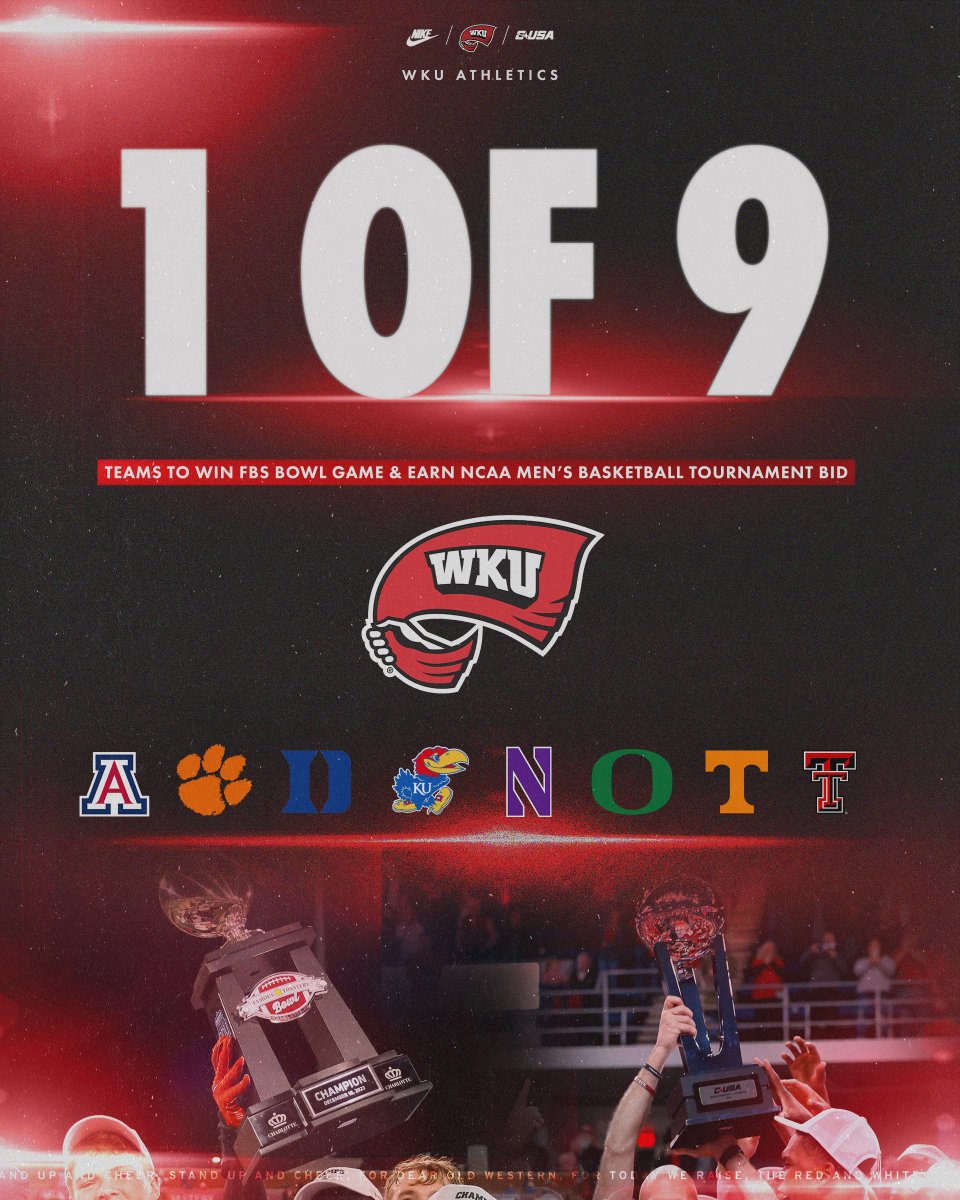 𝘾𝙝𝙖𝙢𝙥𝙞𝙤𝙣𝙨 𝘾𝙡𝙞𝙢𝙗 𝙃𝙚𝙧𝙚 📈 

WKU is 1 of 9 FBS teams to win a bowl game and earn an NCAA Men's Basketball Tournament bid‼️

#GoTops