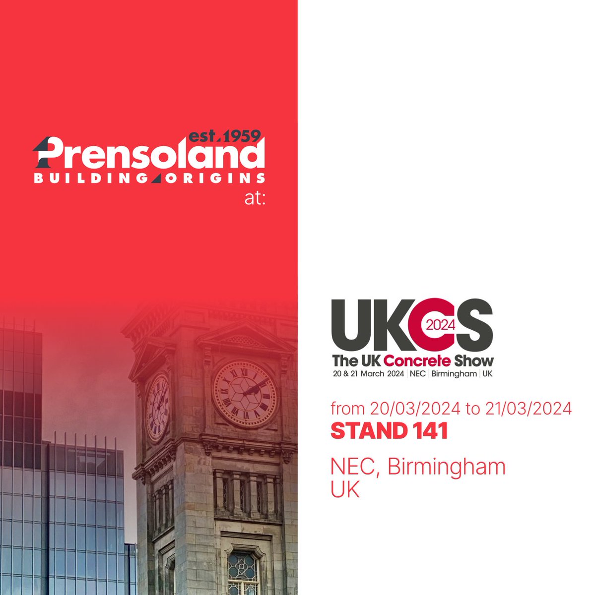 prensoland's tweet photo. We will be present at UK CONCRETE SHOW, Birmingham

Come and visit us at our stand N. 141. 

Don't miss It! 
We'll be happy to see you.

#precast #prestressedconcrete #ukconcreteshow #concrete 
#construction https://t.co/JxqRupmQFF