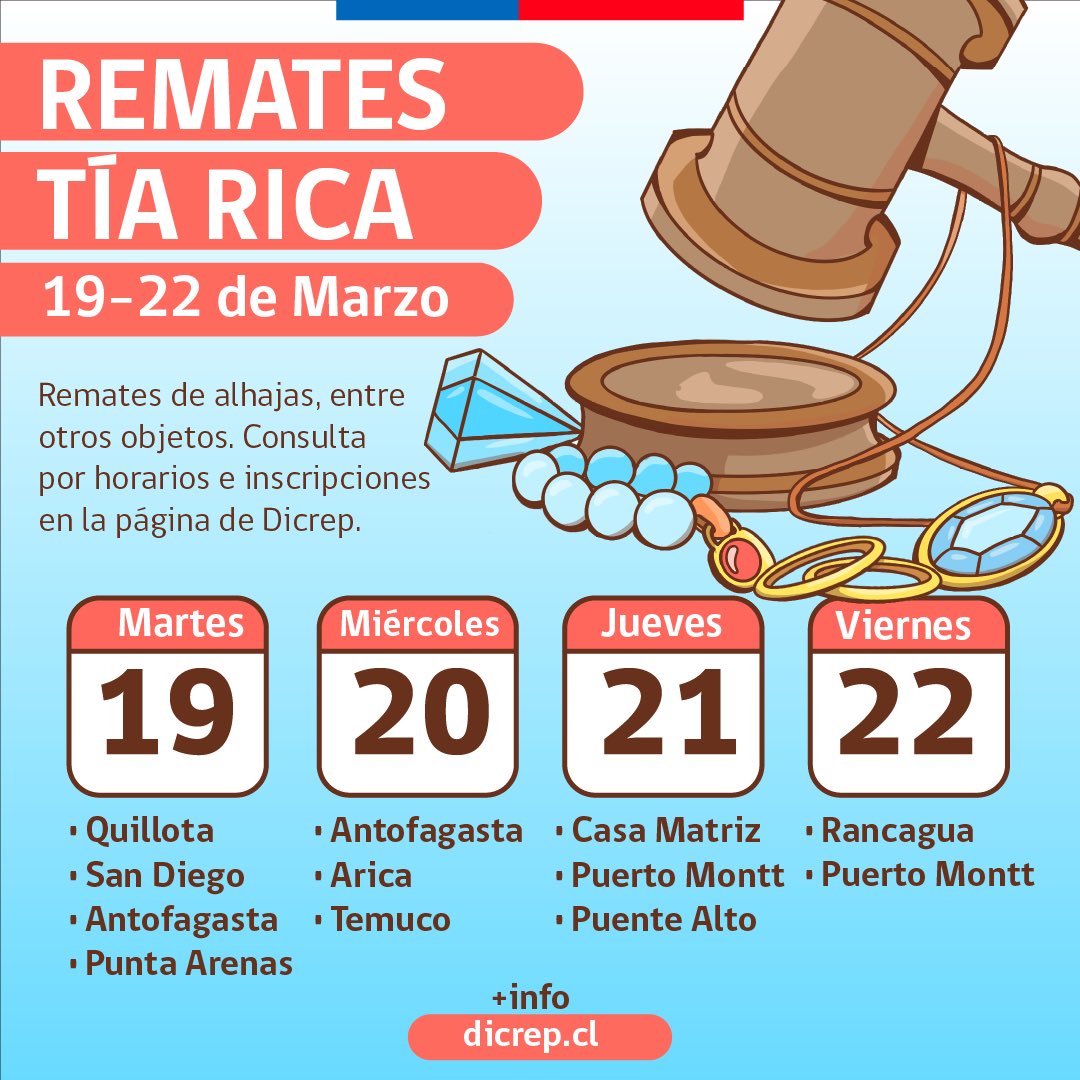 ¡Remates de la Tía Rica!💎 Conoce el detalle de las próximas fechas de los remates de la Dirección General de Crédito Prendario (Dicrep)👆🏽 Todos se realizan de manera virtual. Cualquier persona mayor de 18 años puede acceder. Más detalles en Dicrep.cl👈🏼