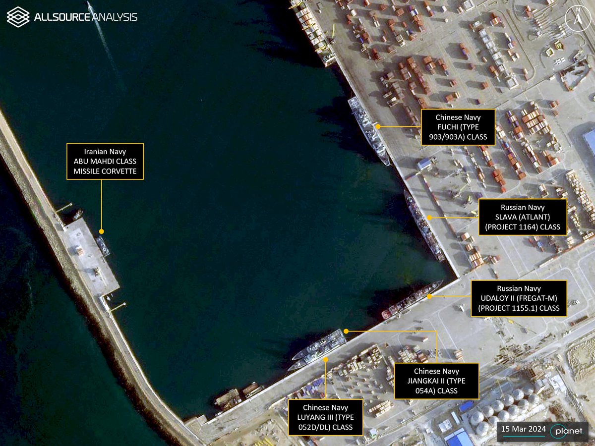 GEOINT analysis on 15 March 2024, reveals Chinese, Russian, and Iranian vessels docked in the port of Chabahar, Iran following the completion of a joint naval exercise. bit.ly/2oeCGCj #GEOINT #JointNavalExercise #China #Russia #Iran #Chabahar