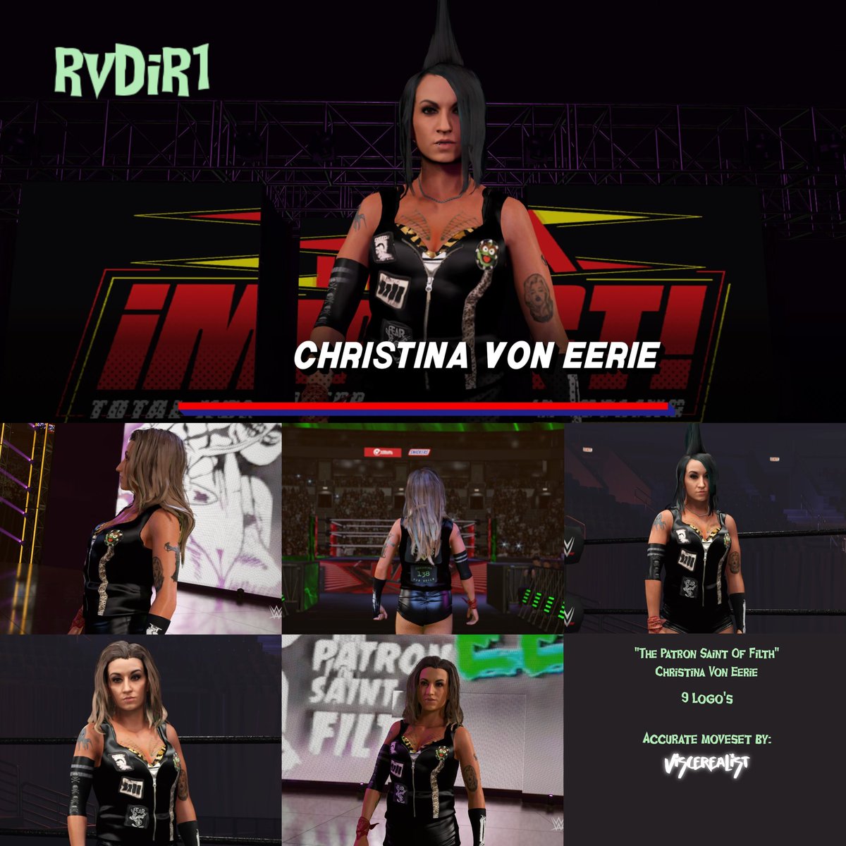 'The Patron Saint Of Filth' Christina Von Eerie Now up on CC! 9 Logo's used Accurate moveset by the amazing @Viscerealist @Randaum_ Uploaded a gorgeous render for her. Titantron will be uploaded seperately. @WWEgames @CVEvil_138 #WWE2K4 #RvDiR1 #ChristinaVonEerie